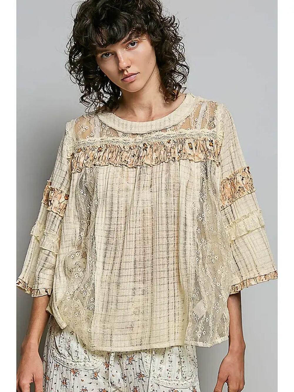 POL Lace Panel Detail Floral Ruffle 3/4 Sleeve Rib Knit Top